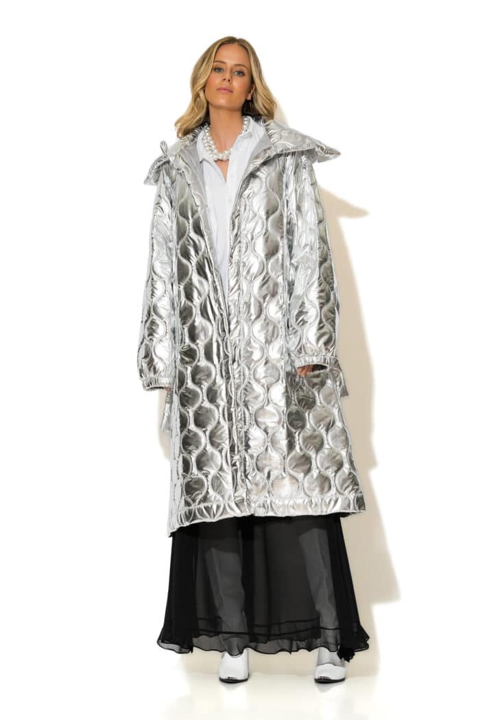 Long Silver Quilted Shell Puffer Coat