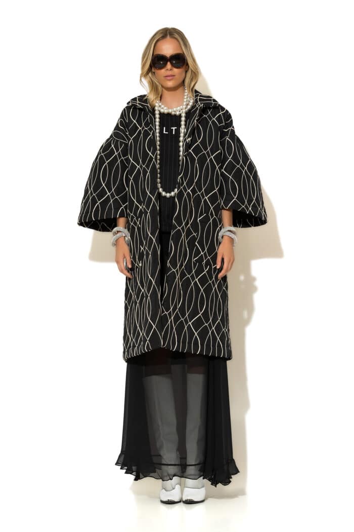 Black & White Embroidered Quilted Shell Puffer Coat with Pockets