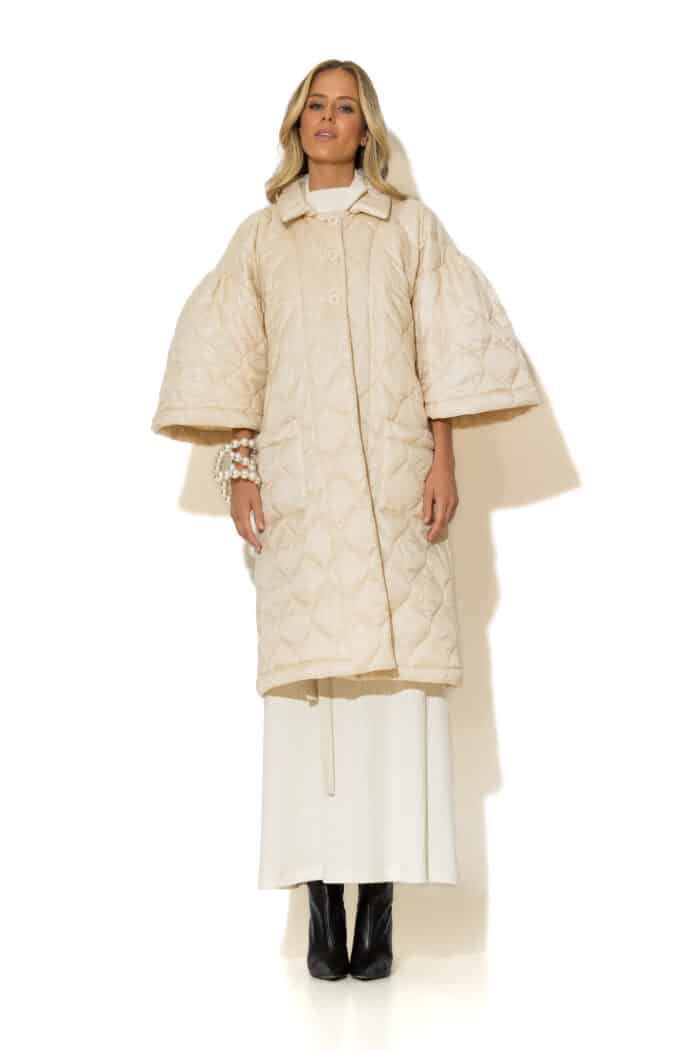 Long Quilted Shell Puffer Coat with Pockets and Voluminous Sleeves
