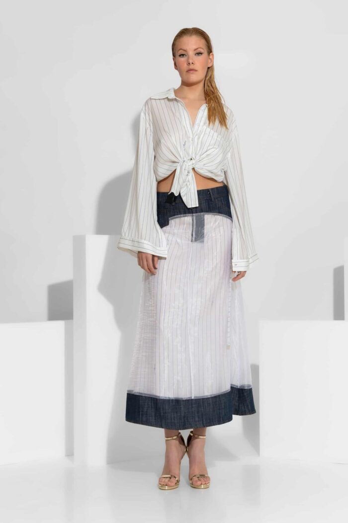 C-THROU Maxi Denim Organza Skirt with Print 2601002