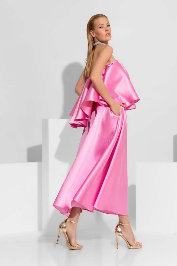 Voluminous A-Line Taffeta Midi Skirt in Pink