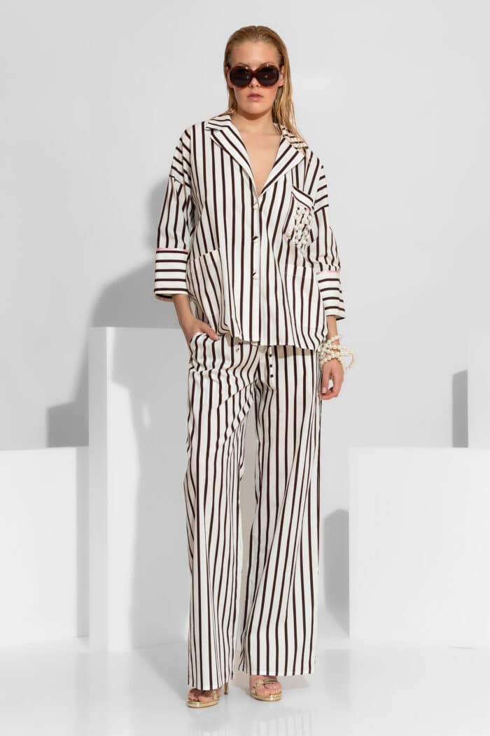 Striped Poplin Wide Leg Pants with Contrast Piping