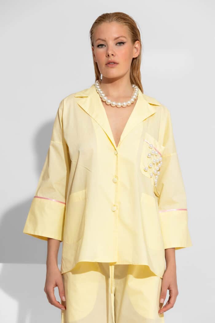 Poplin Shirt with Pearl Embroidery & Contrast Piping