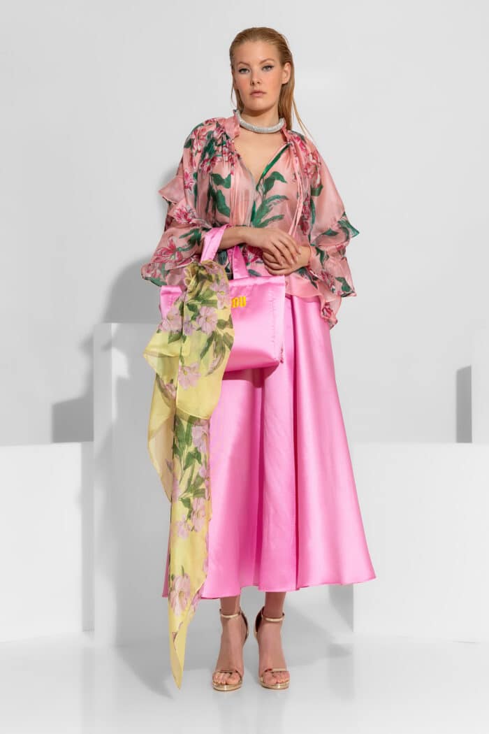 Ruffled floral organza shirt in Pink