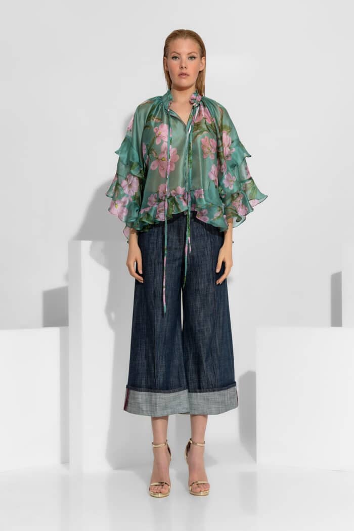 Ruffled floral organza shirt in green
