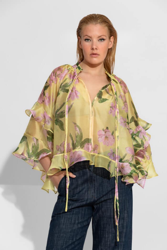 Ruffled floral organza shirt in yellow