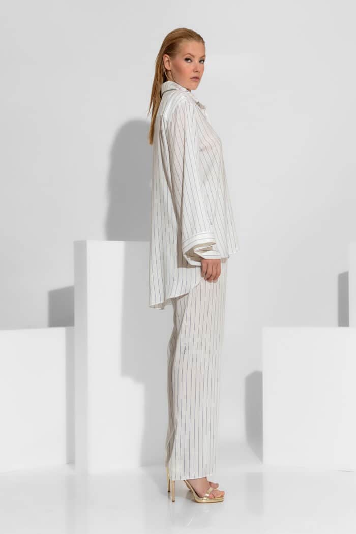 Oversized Striped Signature Print Satin Shirt