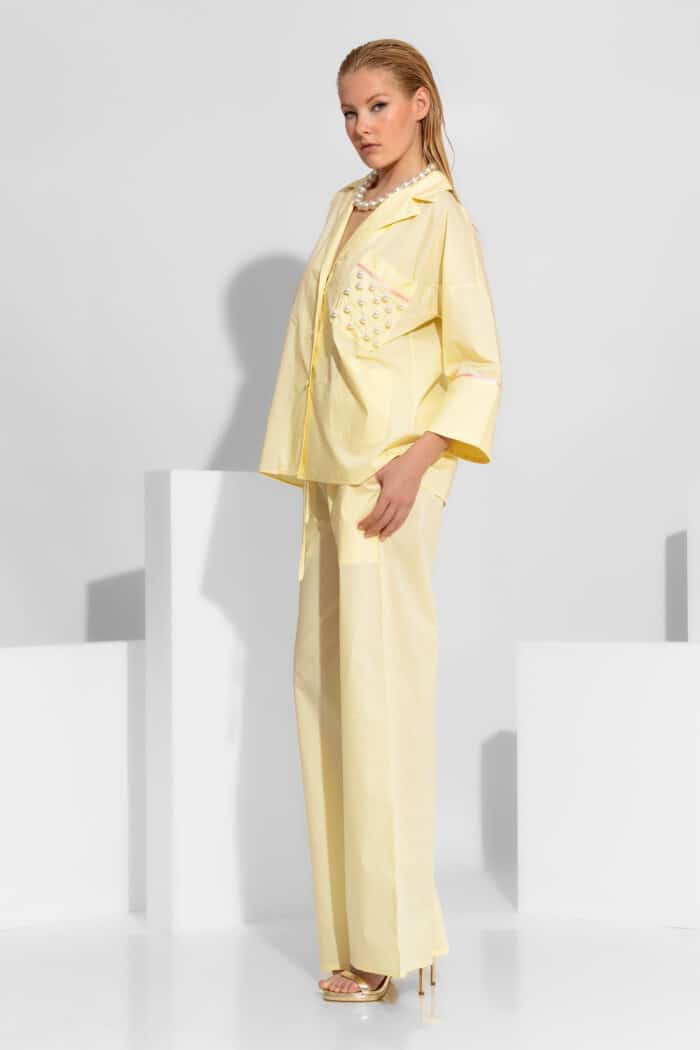 Poplin Wide Leg Pants with Contrast Piping