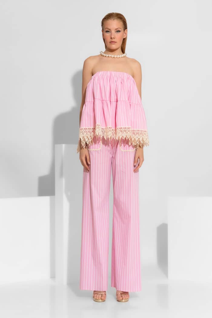Striped Poplin Wide-Leg Pants with Guipure Lace Detail