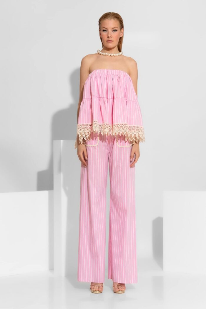 C-THROU Striped Poplin Wide-Leg Pants with Guipure Lace Detail 2603009