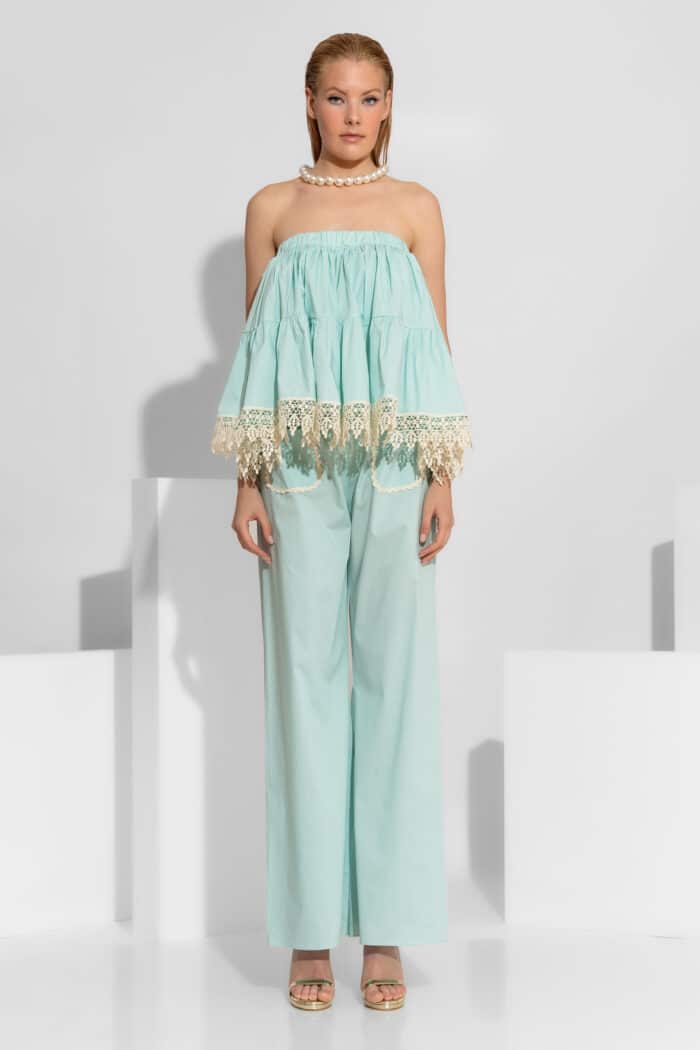 Poplin Wide-Leg Pants with Guipure Lace Detail