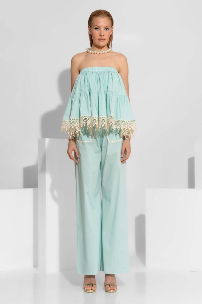 C-THROU Poplin Wide-Leg Pants with Guipure Lace Detail 2603010