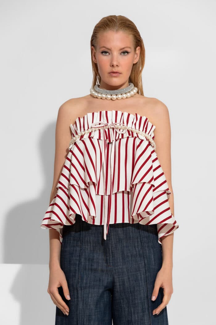Voluminous Striped Ruffled Top with Removable Pearl Detail