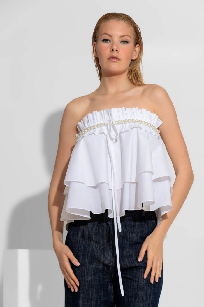 C-THROU Voluminous Ruffled Top with Removable Pearl Detail 2604002