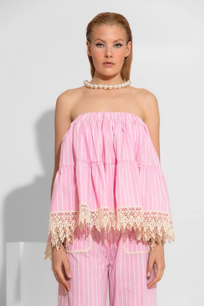 Striped Poplin Strapless Top with Guipure Lace