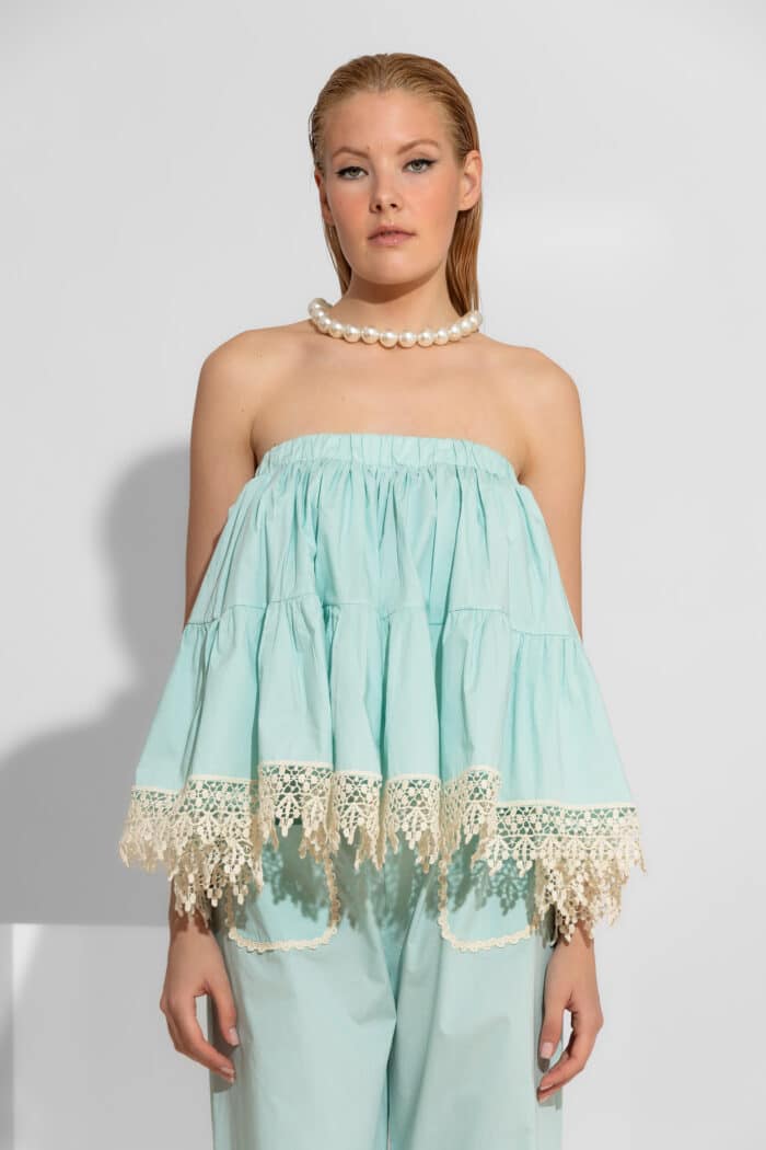 Poplin Strapless Top with Guipure Lace