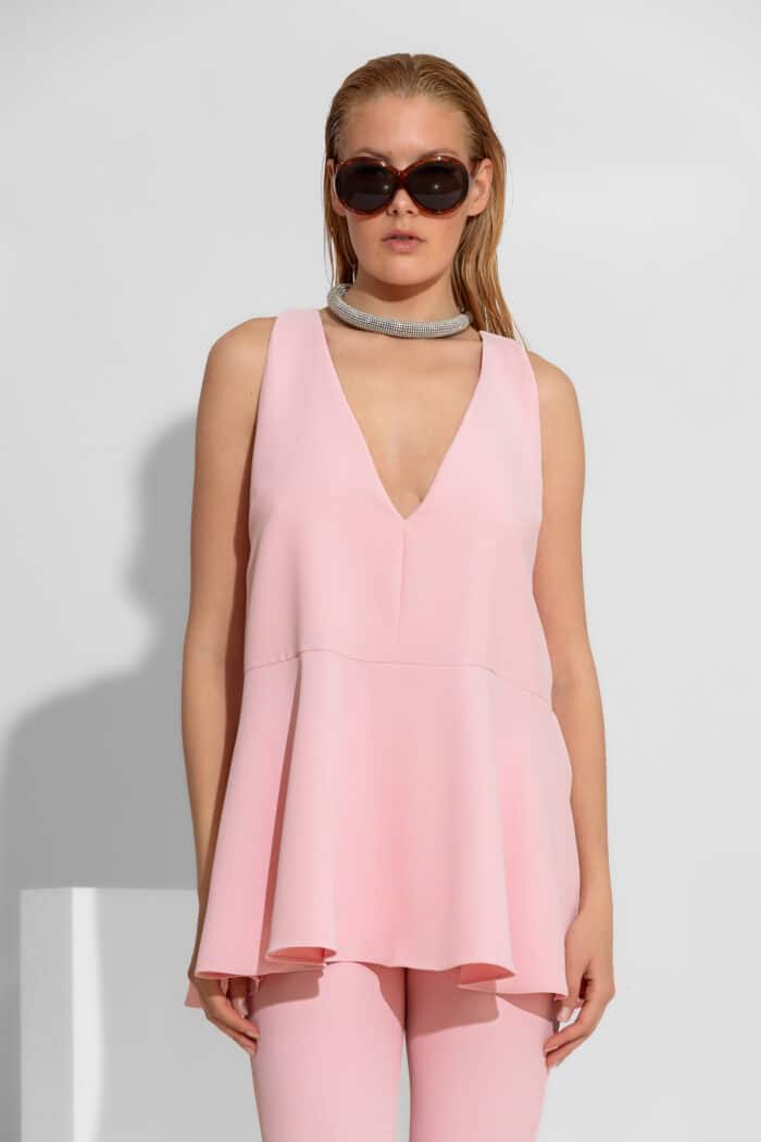 Peplum Sleeveless Crepe Top with Flared Hem