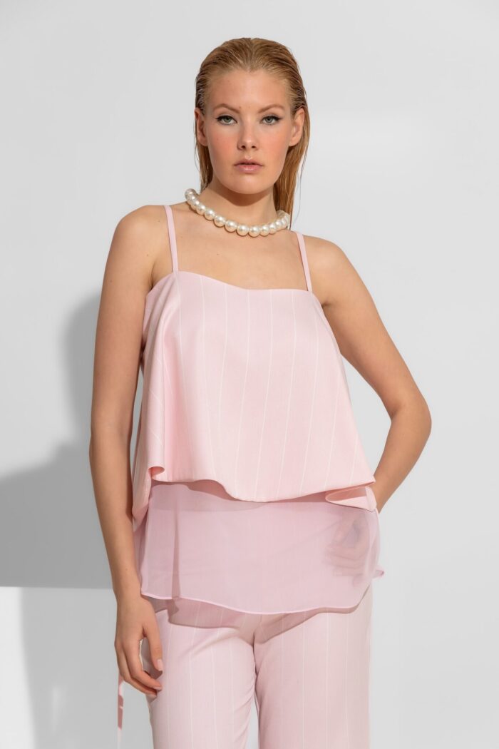 C-THROU Striped pink Asymmetric Flared Crepe & Chiffon Top 2604007