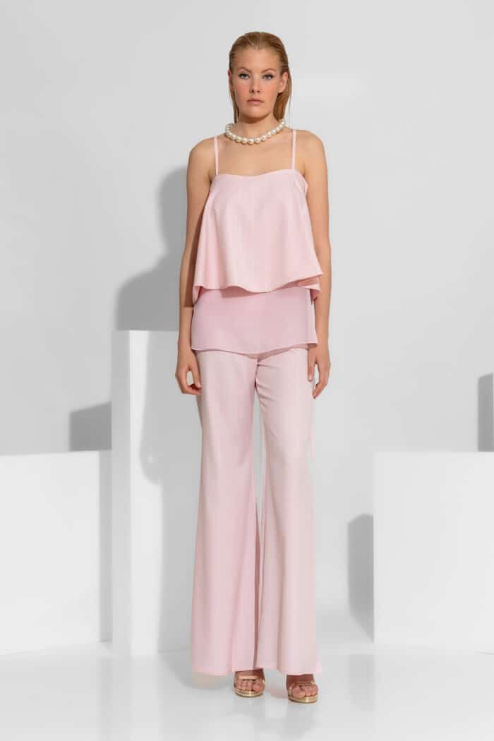 Striped Crepe Mid-Rise Flared Pants in pink