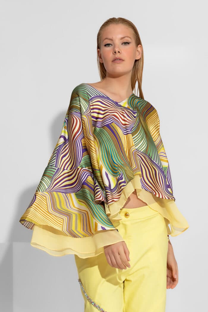 Abstract Yellow Print Satin Flounced Top