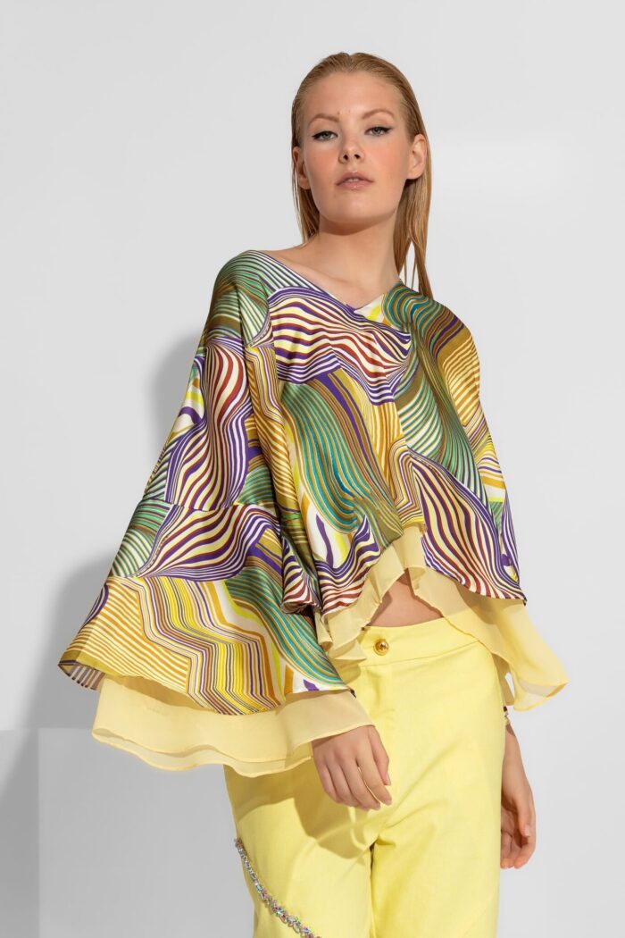 C-THROU Abstract Yellow Print Satin Flounced Top 2604010