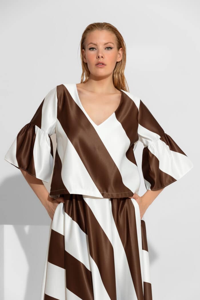 Striped Bell-Sleeved Taffeta Satin Top