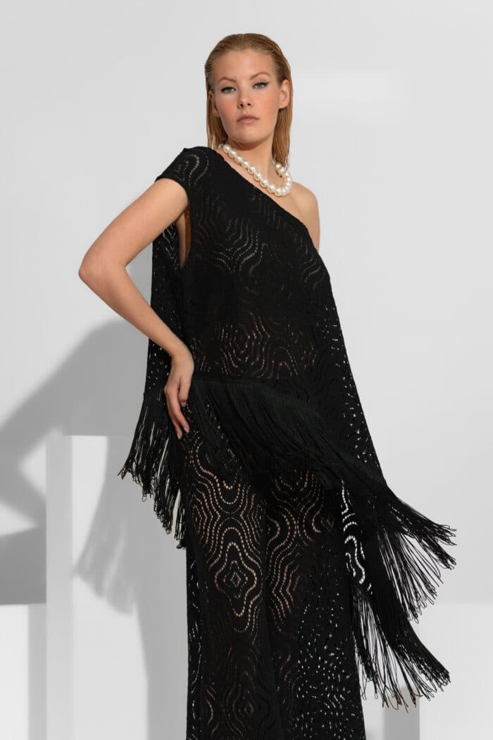 One shoulder fringe trimmed crochet lace blouse