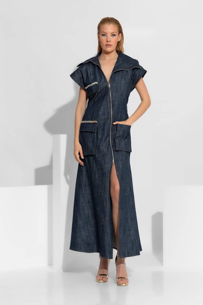 Maxi Crystal-Embellished Denim Cargo Dress