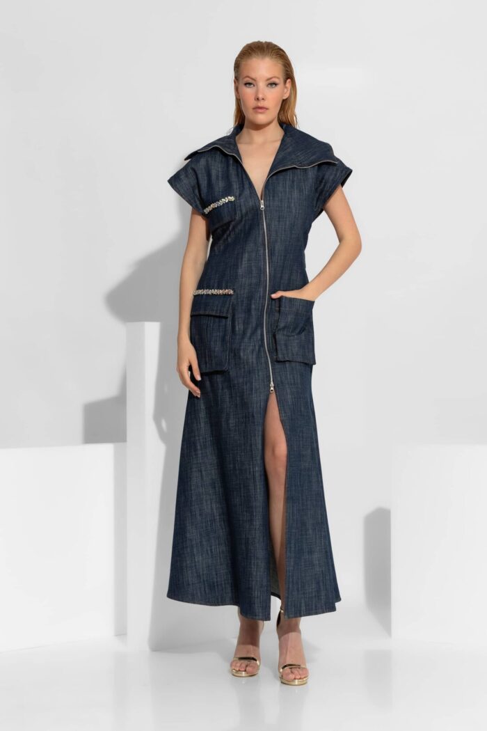 C-THROU Maxi Crystal-Embellished Denim Cargo Dress 2606001