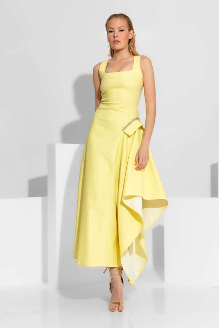 Crystal-embellished asymetrical dress in Yellow