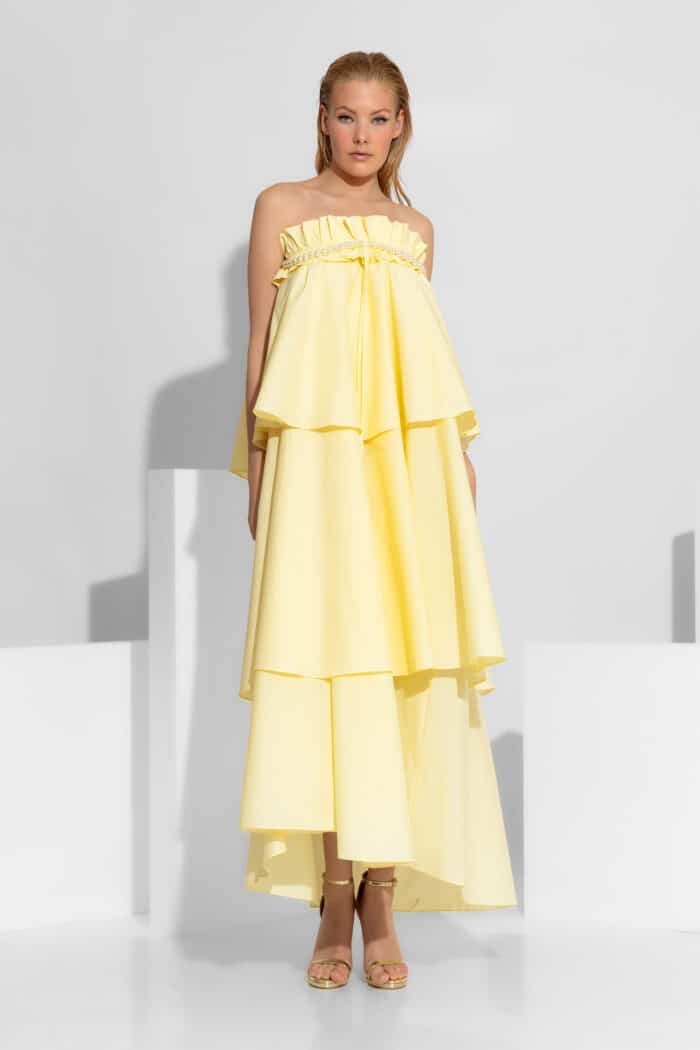 Voluminous Ruffled Maxi Dress with Removable Pearl Detail