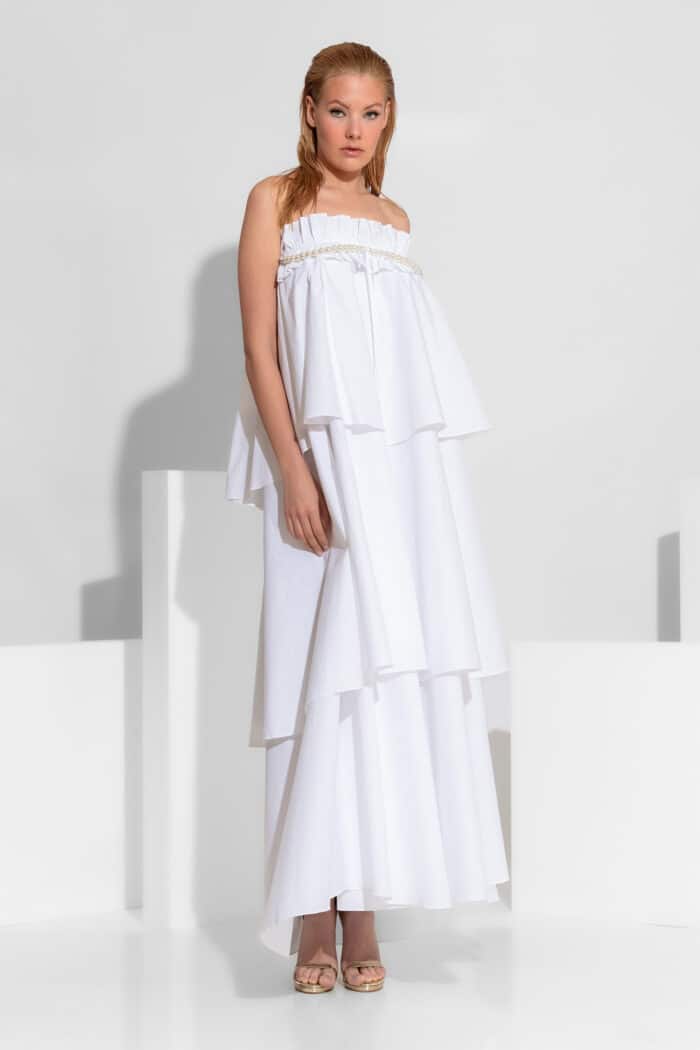 Voluminous Ruffled Maxi Dress with Removable Pearl Detail