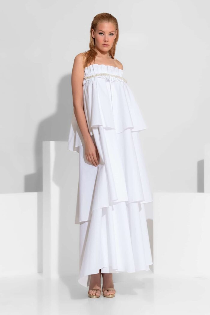 C-THROU Voluminous Ruffled Maxi Dress with Removable Pearl Detail 2606007