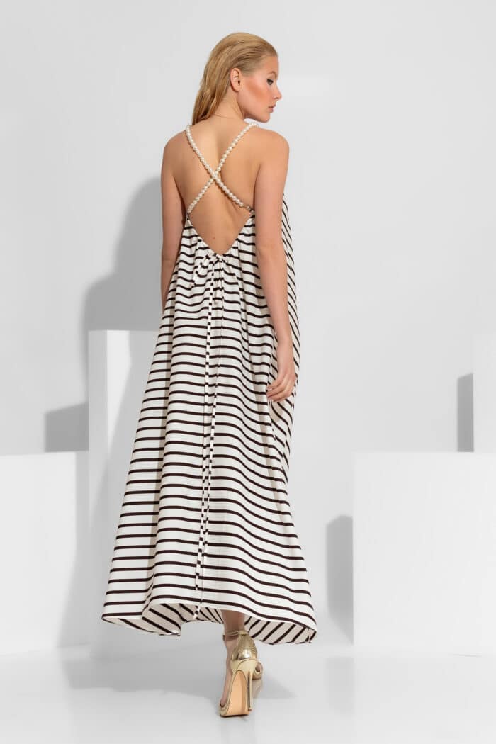 Pearl embellished open back striped poplin maxi dress