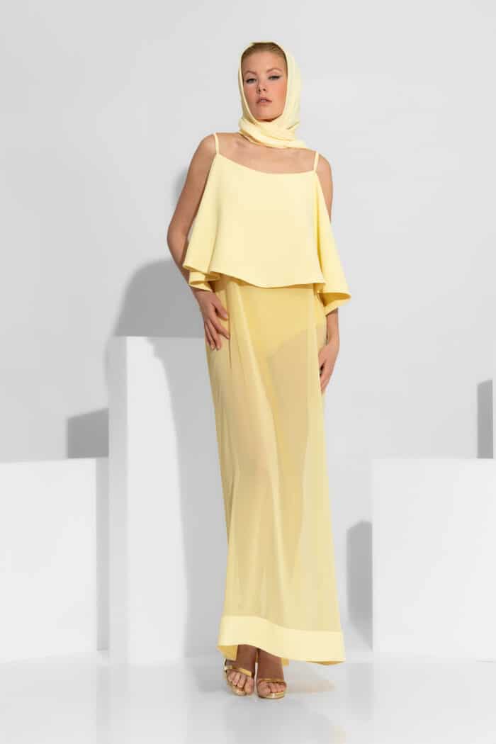 Asymmetric Flared Crepe & Chiffon Maxi Dress Set