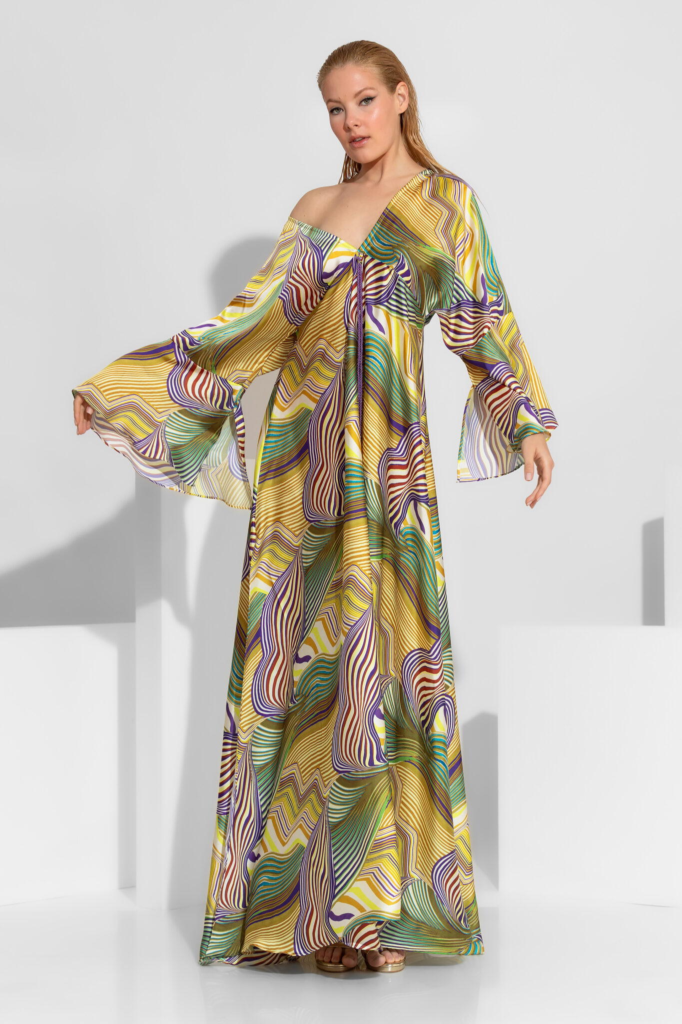 Abstract Yellow Print Satin Maxi Dress | C-THROU