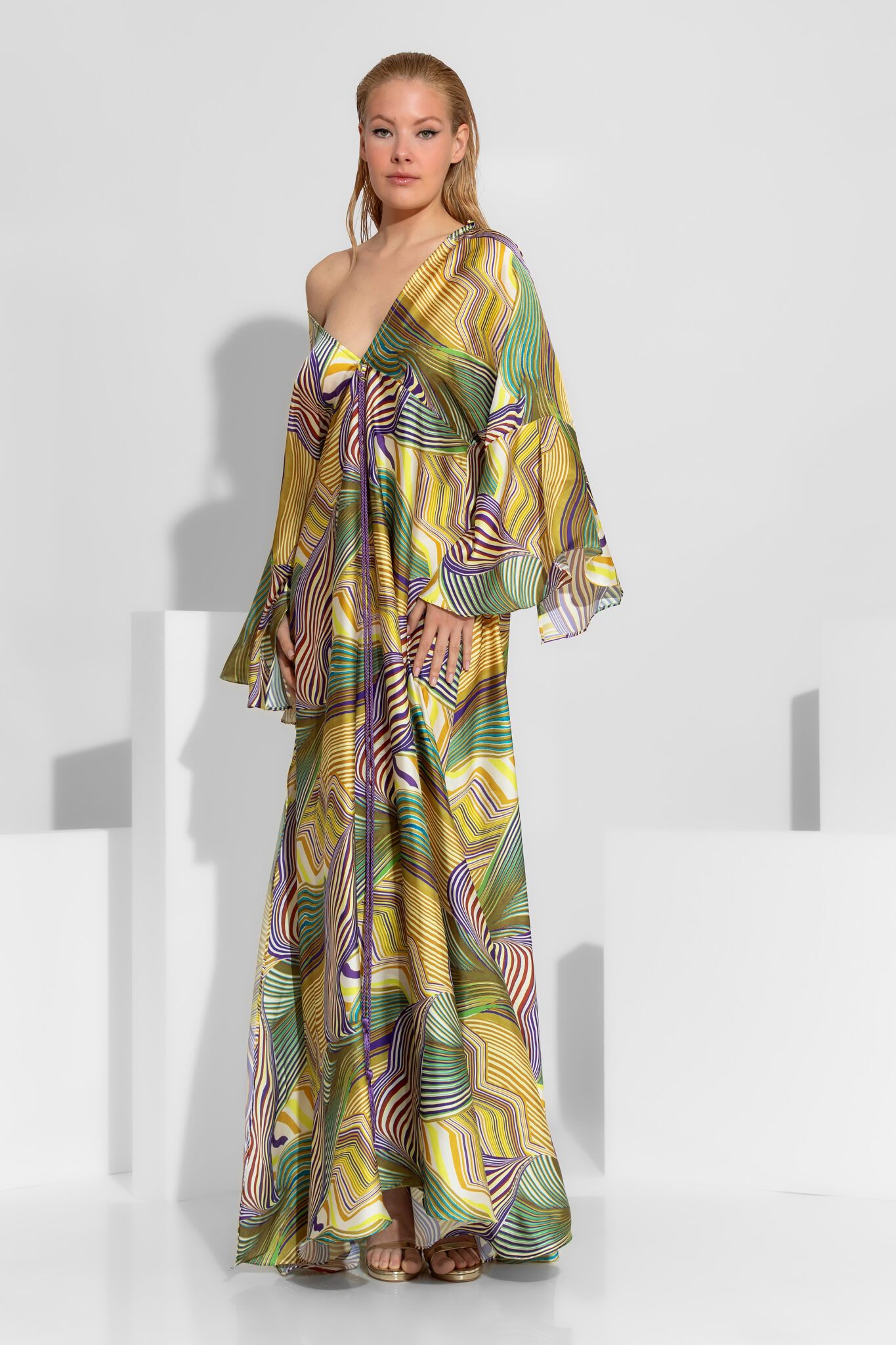 Abstract Yellow Print Satin Maxi Dress | C-THROU