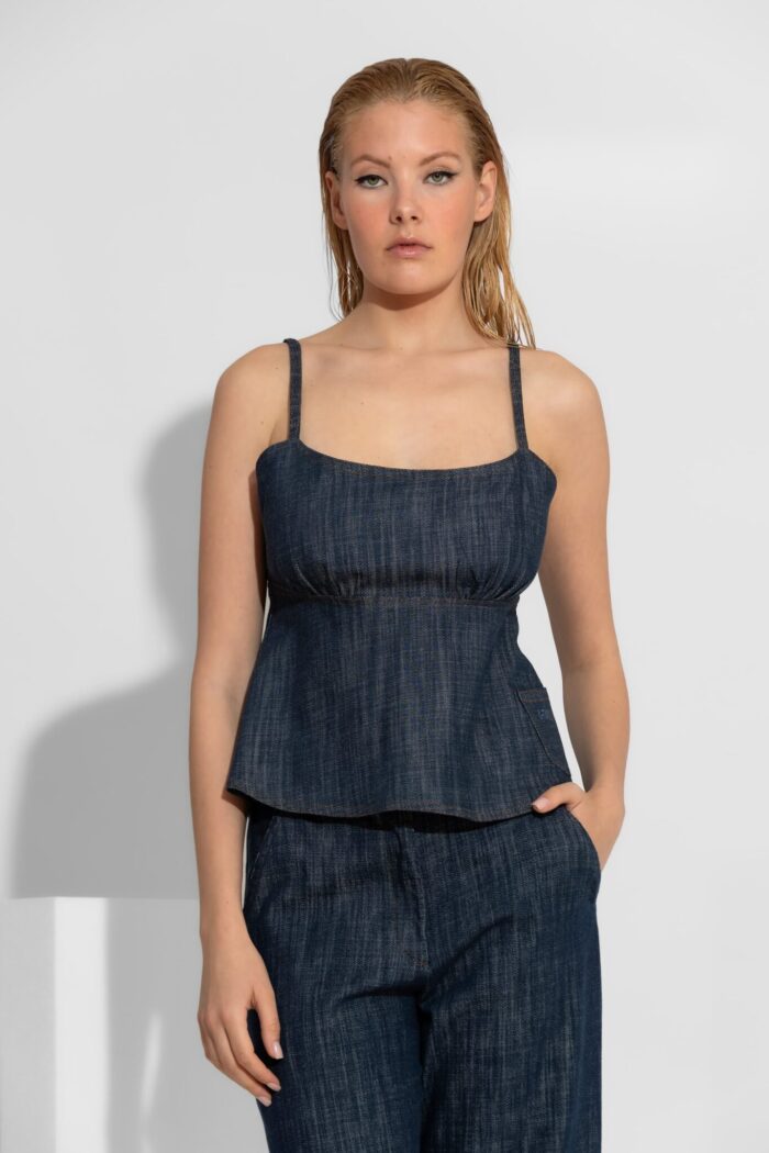 C-THROU Empire White Denim Camisole Top with Peplum Hem 2608001
