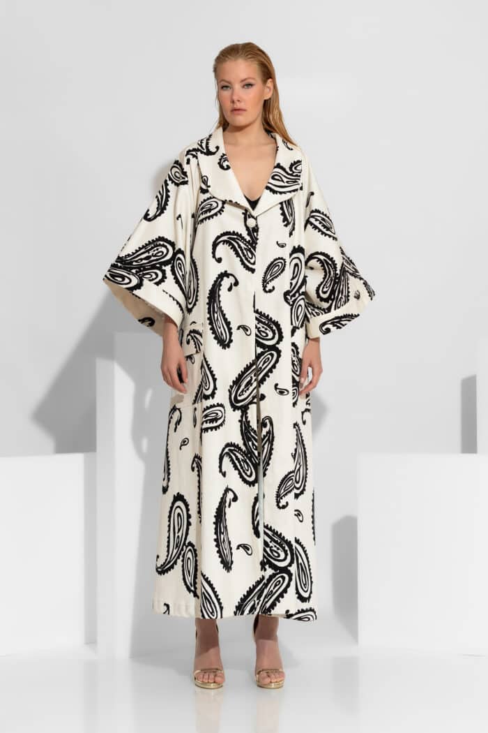 Long Kimono Coat in Printed Cotton Gabardine