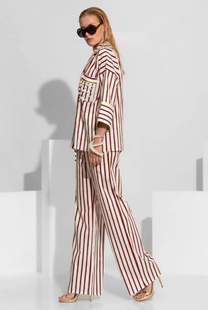 Striped Poplin Wide Leg Pants with Contrast Piping