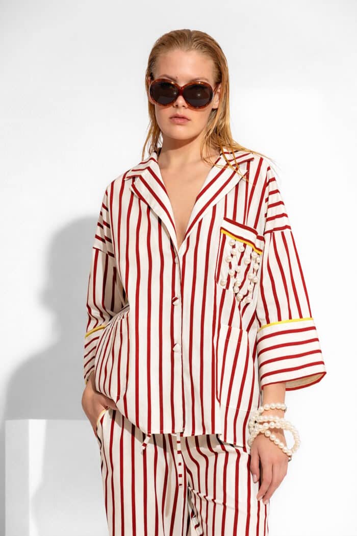 Striped Poplin Shirt with Pearl Embroidery & Contrast Piping