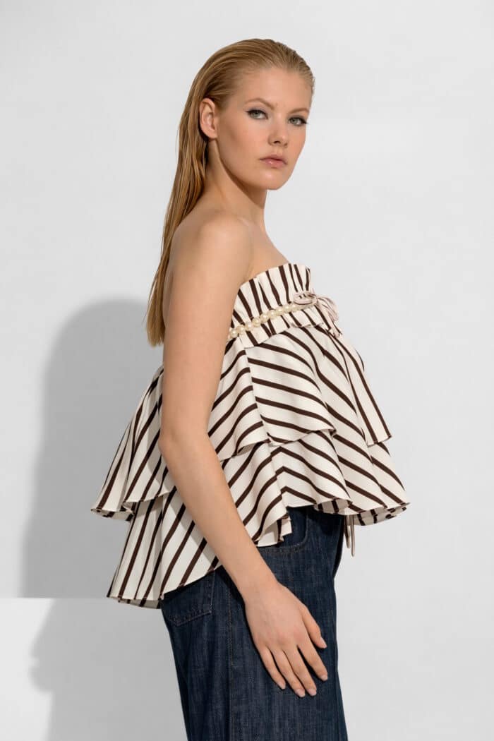 Voluminous Striped Ruffled Top with Removable Pearl Detail