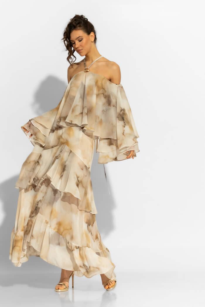 C-THROU Maxi Chiffon Print Ruffled Flared Skirt 2601007