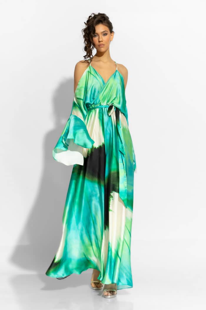 C-THROU Satin Print Wide-Leg Jumpsuit in Aqua 2603017wa