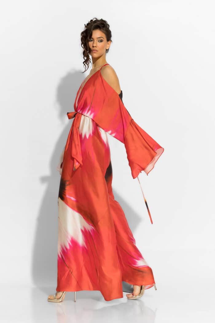 C-THROU Satin Print Wide-Leg Jumpsuit in Red 2603017wr
