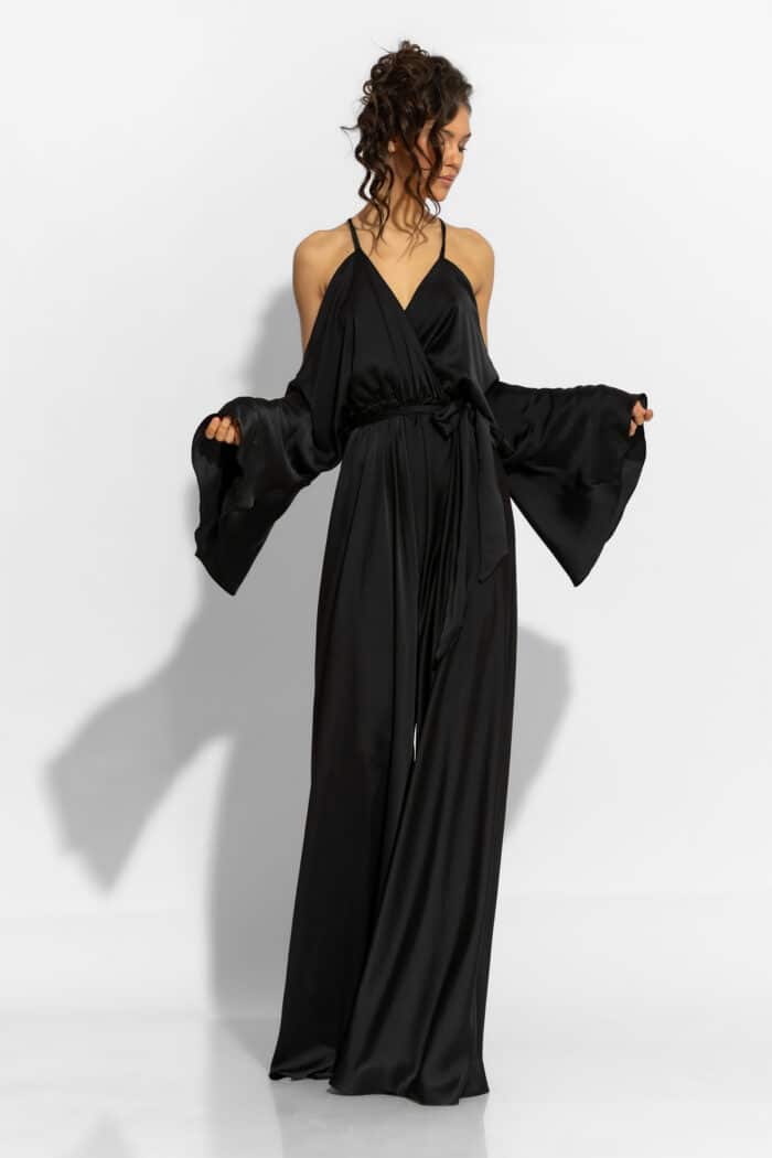 C-THROU Off-The-Shoulder Satin Jumpsuit in Black 2603018wb
