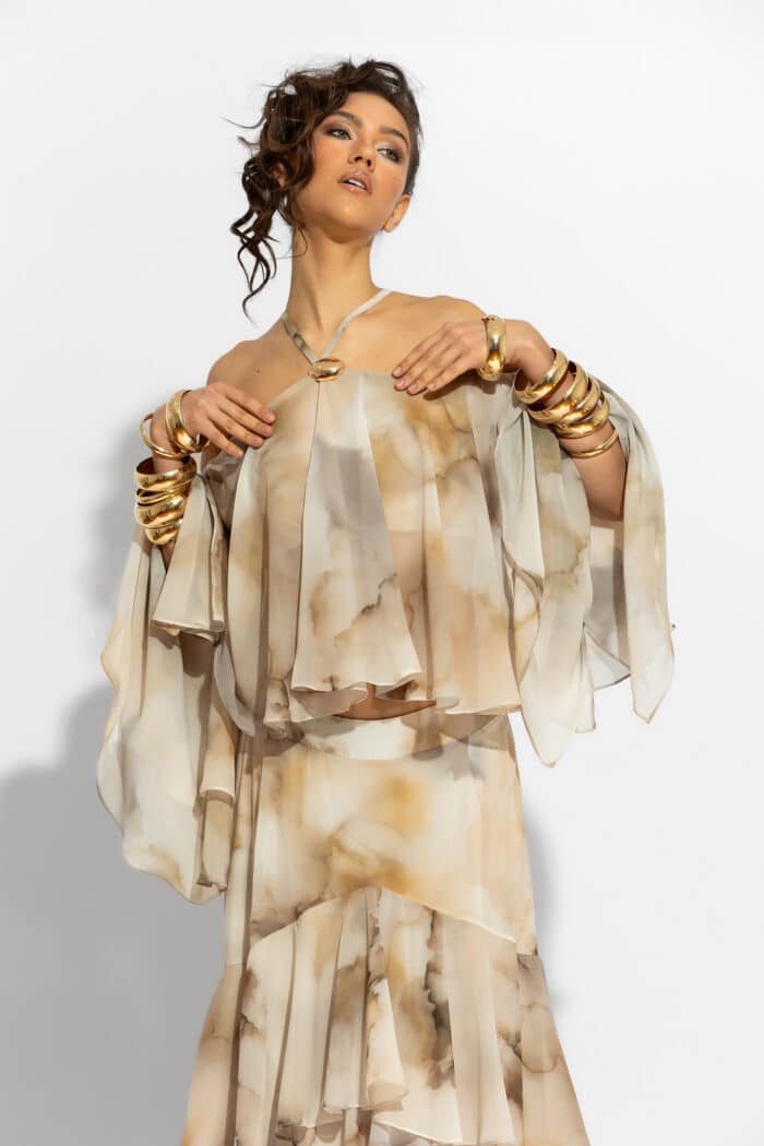 C-THROU Off-The-Shoulder Ruffled Chiffon Print Top 2604017