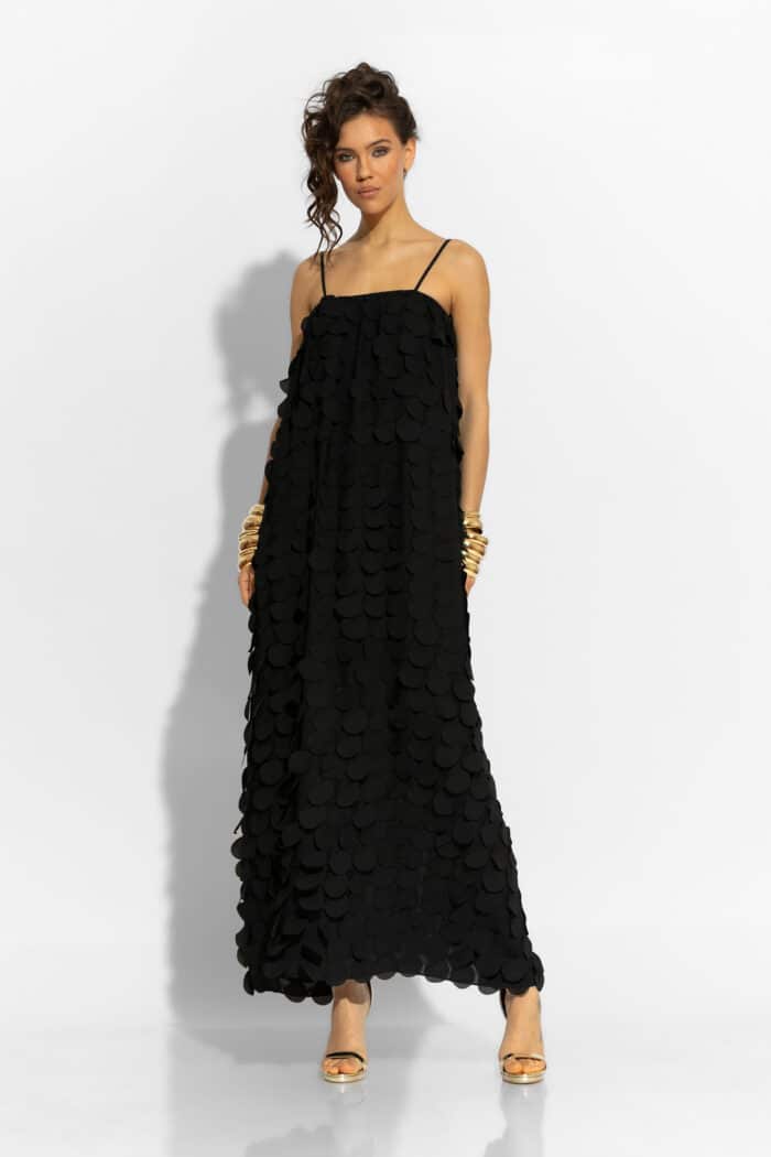 C-THROU Black Maxi Camisole 3D Polka dot Georgette Dress 2606024