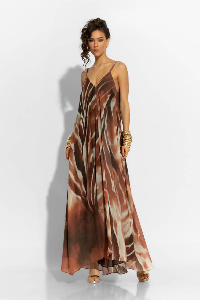 C-THROU Maxi Animal Print Chiffon Dress in Camel 2606025wc