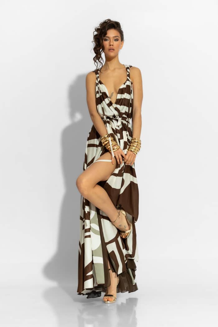 C-THROU Maxi Satin Print Wrap Dress in Brown 2606026wbr